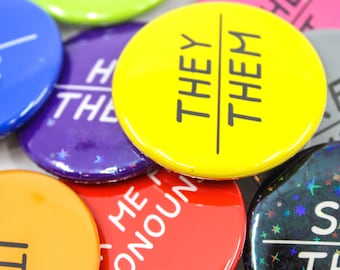 Pronoun Color Button Pin | Personal she/her he/him they/them ask me about my pronouns | holographic 1.5” Pinback badge | Custom Neopronouns