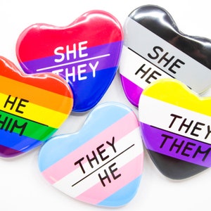 Custom Pronoun Pride Flag Heart Button Pin | Mini Holographic 1.5 x 1.75 Inches | Pinback Badge He Him She Her They Them | Neopronouns