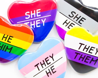 Pride Flag Pronoun Heart Button Pin | Holographic Badge (1.5 x 1.75 Inches)