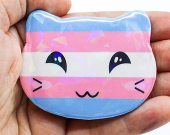 Transgender Pride Button Cat Flag Badge Kitty Trans Pinback  | 2.25x1.5 inches | Holographic Rainbow | Safety Pin