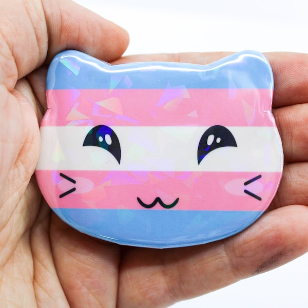 Transgender Pride Button Cat Flag Badge Kitty Trans Pinback  | 2.25x1.5 inches | Holographic Rainbow | Safety Pin