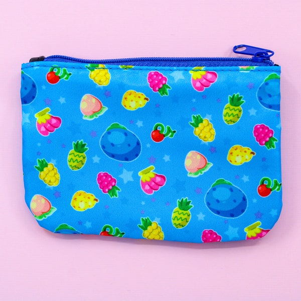 Berries Zipper Pouch | Coin Kawaii Fruit Pattern | Blue Zip 5 x 3.5"