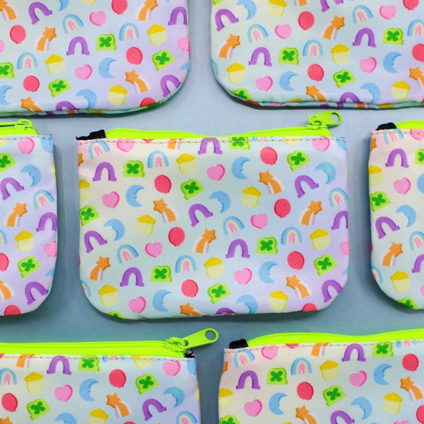 Lucky Marshmallows Zipper Pouch | Marshmallow Kawaii Coin Food Pattern | Green Rainbow Zip 5 x 3.5"