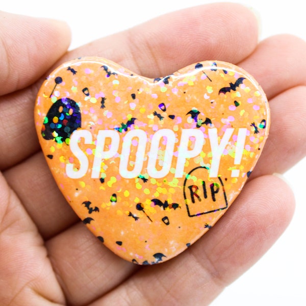 Halloween Mini Heart Button | Spoopy! Holographic 1.5x1.75 Inches | Spooky Kawaii Bats Ghost Tombstone Confetti |