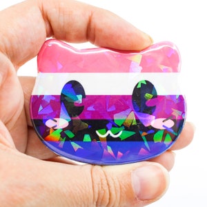 Genderfluid Pride Cat Button Kitty Gender fluid Flag Pinback Badge | 2.25x1.5 inches | Holographic Rainbow Glitter