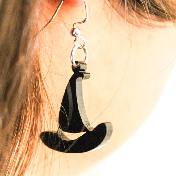 Witch Hat Earrings | Halloween Spooky Black Acrylic | 2cm 1 inch | Silver Dangle Fishhook Fish Hook Earring