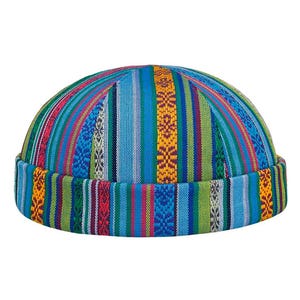 Fresh Stripes Turquoise Sailor Brimless Docker Cap Vintage | Dockercap Wearing Cap | Sailor Hat Unisex Brimless Cap Unisex Rolled Skullcap