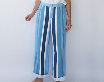 Vintage Blue Striped Straight Leg 29&quot; W Pants | French Stripes High Waist Jeans Denim Trousers | High Rise
