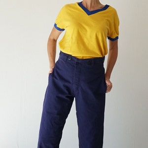 Pantalones de trabajo vintage azul marino, tallas 28-34, con cintura alta, de algodón con diseño de espiga y botones, estilo chino