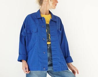 Vintage Royal Blue Cotton Chore Jacket | Cotton German Workwear Jacket | Utility French Work Shirt