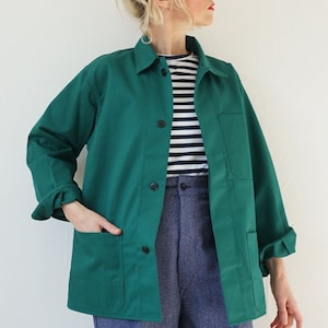 Vintage Emerald Green Chore Jacket | Cotton French Workwear Style Jacket Unisex | Utility Workwear French Chore Jacket