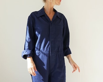 Vintage Deep Indigo Cotton Coverall | Herringbone Utility Coveralls  | Jump Suit Jumpsuit | Cotton Navy Mechanic | Boilersuit Boiler Suit