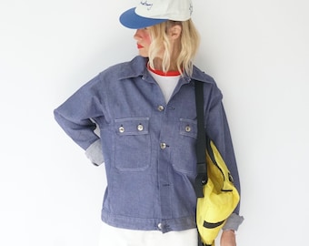 Vintage Lavender Denim  German Chore Work Jacket | Herringbone Cotton Utility Workwear Bugatti Jacket Unisex