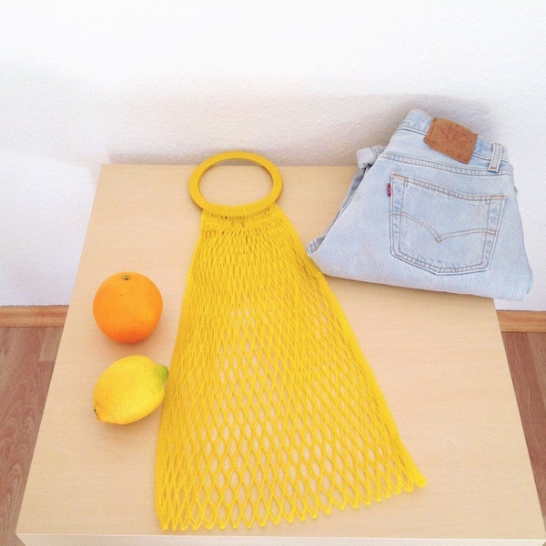 Vintage Banana Yellow Farmer’s Market Bag | Macrame Net Bag | Jane Birkin Basket