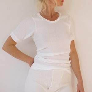 Vintage White Ribbed Cotton Tee | Rib Knit Short Sleeve Scoop Rib Knit T Shirt | European Ribbed Scoop Neck Tee