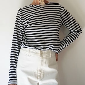 Vintage French Stripes Navy And White Cotton T-Shirt | Boat Neck Long Sleeve Top | Perfect Sailor Mariniere | Breton Shirt