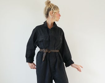 Vintage Schwarzer Baumwoll Overall | utilitaer-overall | Sprung Anzug Jumpsuit | Baumwolle Schwarz Mechanik | Blaumann Blaumann