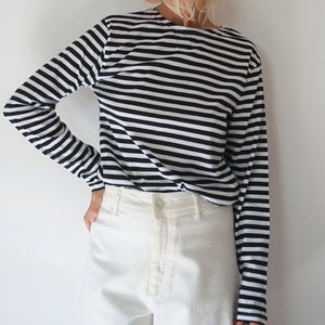 Vintage French Stripes Navy And White Cotton T-Shirt | Boat Neck Long Sleeve Top | Perfect Sailor Mariniere | Breton Shirt