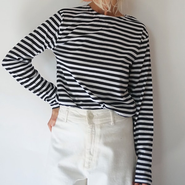 -shirt vintage en coton noir et blanc à rayures françaises | Haut à manches longues et col bateau | Marinière parfaite | Chemise bretonne