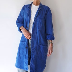 Vintage Blue Chore Duster Shop Work Coat | Utility Blue Cotton Chore Smock Jacket | Painter Shop Coat Trench
