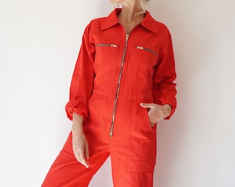 Vintage Red Cotton Coverall | Cotton Utility Coveralls  | Jump Suit Jumpsuit | Cotton Red Mechanic | Boilersuit