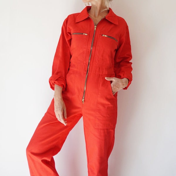 Vintage Red Cotton Coverall | Cotton Utility Coveralls  | Jump Suit Jumpsuit | Cotton Red Mechanic | Boilersuit