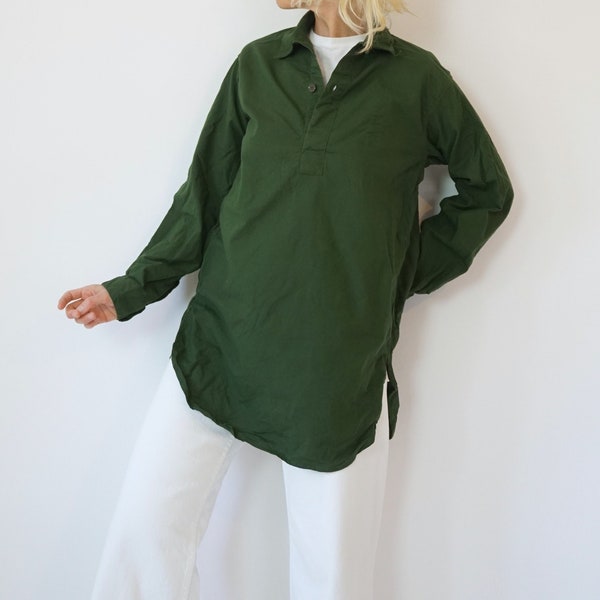 Vintage Forest Green Lightweight Popover Tunic Shirt | Cotton Henley Pullover | Artist Studio Top