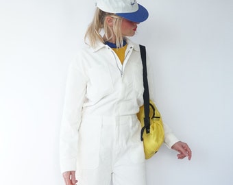 Vintage White Corduroy Coverall | Cord Utility Coveralls  | Jump Suit Jumpsuit | Cotton White Mechanic | Boilersuit