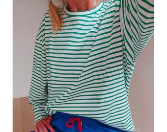 Vintage French Stripes Green And White Cotton T-Shirt | Crew Neck Long Sleeve Top | Perfect Sailor Mariniere | Breton Shirt