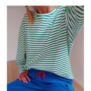 Vintage French Stripes Green And White Cotton T-Shirt | Crew Neck Long Sleeve Top | Perfect Sailor Mariniere | Breton Shirt