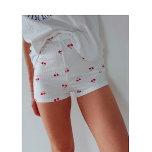 Vintage French Cherries Pointelle Micro Lounge Shorts | Romantic French White Cotton Rib Knit Easy Shorts | French Pointelle