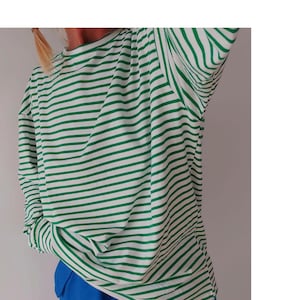 Vintage French Stripes Green And White Cotton T-Shirt | Crew Neck Long Sleeve Top | Perfect Sailor Mariniere | Breton Shirt