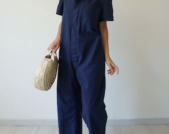 Vintage Deep Indigo Cotton Coverall | Utility Coveralls  | Jump Suit Jumpsuit | Cotton Navy Short Sleeve Mechanic | Boilersuit Boiler Suit