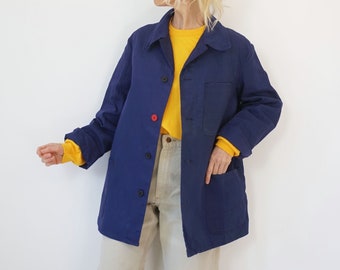 Vintage Indigo Blue Herringbone Cotton Chore Jacket | Unisex German Workwear Shirt | Utility French Workwear Style Shirt | S M L