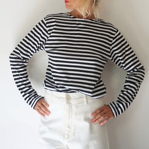 Vintage French Stripes Navy And White Cotton T-Shirt | Boat Neck Long Sleeve Top | Perfect Sailor Mariniere | Breton Shirt
