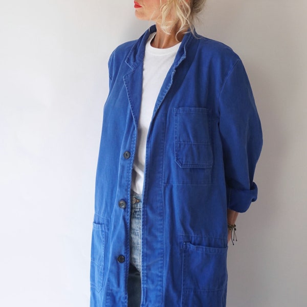 Vintage Blaue Chore Duster Shop Arbeitsmantel | dienstleistende blaue Baumwoll-Jerseyjacke | Lackierer Mantel Trenchcoat