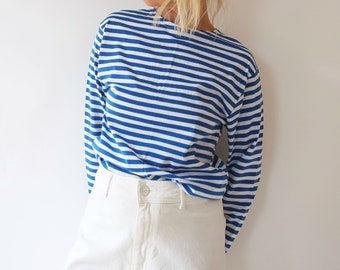 -shirt vintage en coton à rayures bleues et blanches | Haut à manches longues et col bateau | Marinière parfaite | Chemise bretonne