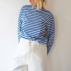 Vintage French Stripes Blue And White Cotton T-Shirt | Boat Neck Long Sleeve Top | Perfect Sailor Mariniere | Breton Shirt