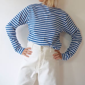 Vintage French Stripes Blue And White Cotton T-Shirt | Boat Neck Long Sleeve Top | Perfect Sailor Mariniere | Breton Shirt