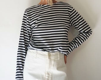 Vintage French Stripes Black And White Cotton T-Shirt | Boat Neck Long Sleeve Top | Perfect Sailor Mariniere | Breton Shirt