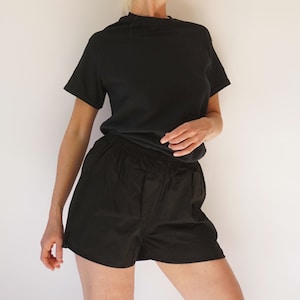 Vintage 26-32 Black Leisure Cotton Shorts | Waist Elastic Shorts | S-M-L