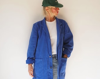 Vintage Blue Chore Duster Shop Work Coat | Utility Blue Cotton Chore Smock Jacket | Painter Shop Coat Trench