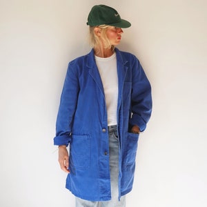 Vintage Blue Chore Duster Shop Work Coat | Utility Blue Cotton Chore Smock Jacket | Painter Shop Coat Trench