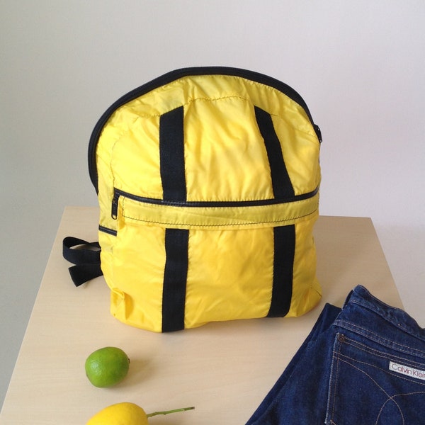 Vintage 80s Rare Yellow East German Backpack | Light Weight Daypack Bike Stuff Sack 1980s | Old School Bag Rucksack