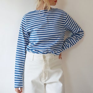 Vintage French Stripes Blue And White Cotton T-Shirt | Boat Neck Long Sleeve Top | Perfect Sailor Mariniere | Breton Shirt