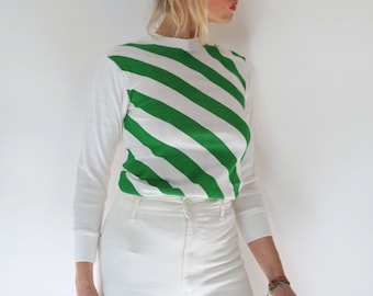 Vintage Athletic Green White Stripes T-Shirt | 80s Kristall Sports Ringer Long Sleeve Shirt | Perfect Layer Top S