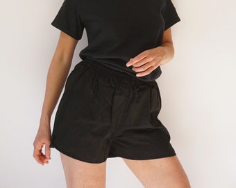 vintage 26-32 Short de loisirs noir en coton | Short élastique à la taille | P-M-G