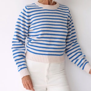 Vintage French Stripes Blue And White Knitted Sweater | Round Neck Striped Long Sleeve Sweater | Perfect Sailor Mariniere | Breton Sweater
