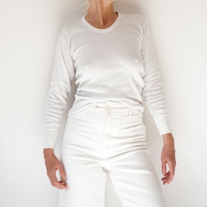 Vintage White Ribbed Cotton Shirt | Rib Knit Long Sleeve Layer Top | Scoop Neck Thermal | S M