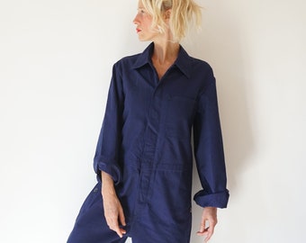 Vintage Deep Indigo Cotton Coverall | Utility Coveralls  | Jump Suit Jumpsuit | Cotton Navy Mechanic | Boilersuit Boiler Suit